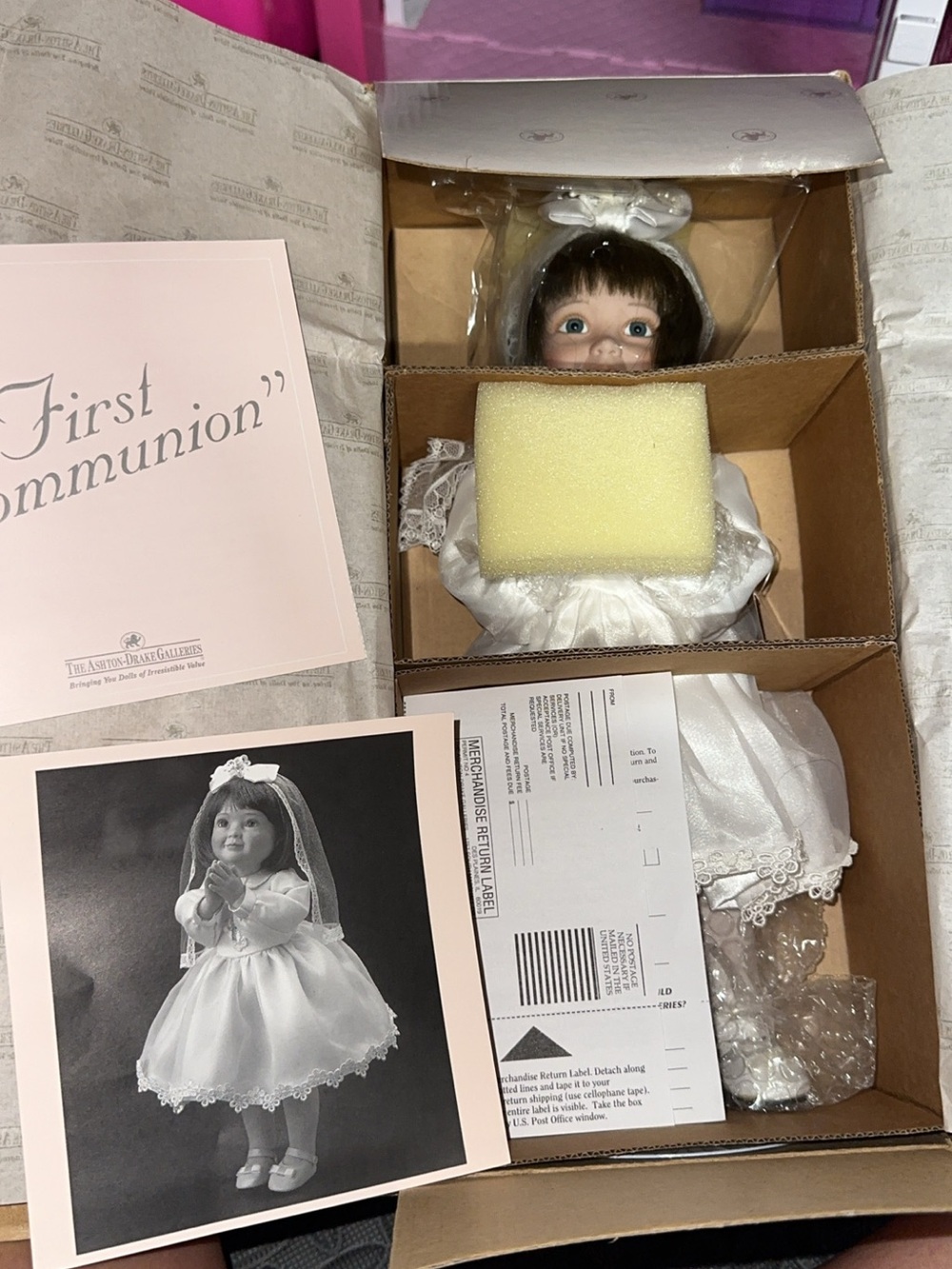 First Communion Porcelain Doll in White Dress